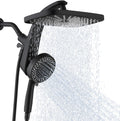 Black shower head with rain and handheld spray on a white background