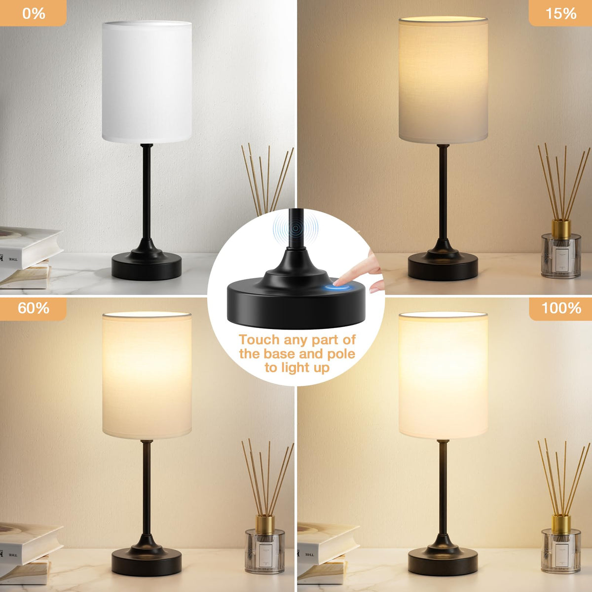 Bedside Table Lamp - Dimmable Touch, Wood-Grain Metal Base