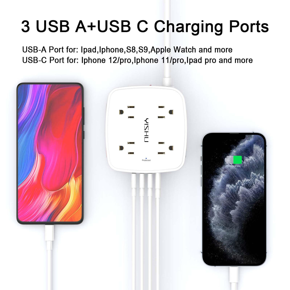 YISHU 6Ft Surge Protector Power Strip with 8 Widely Outlets & 4 USB Ports