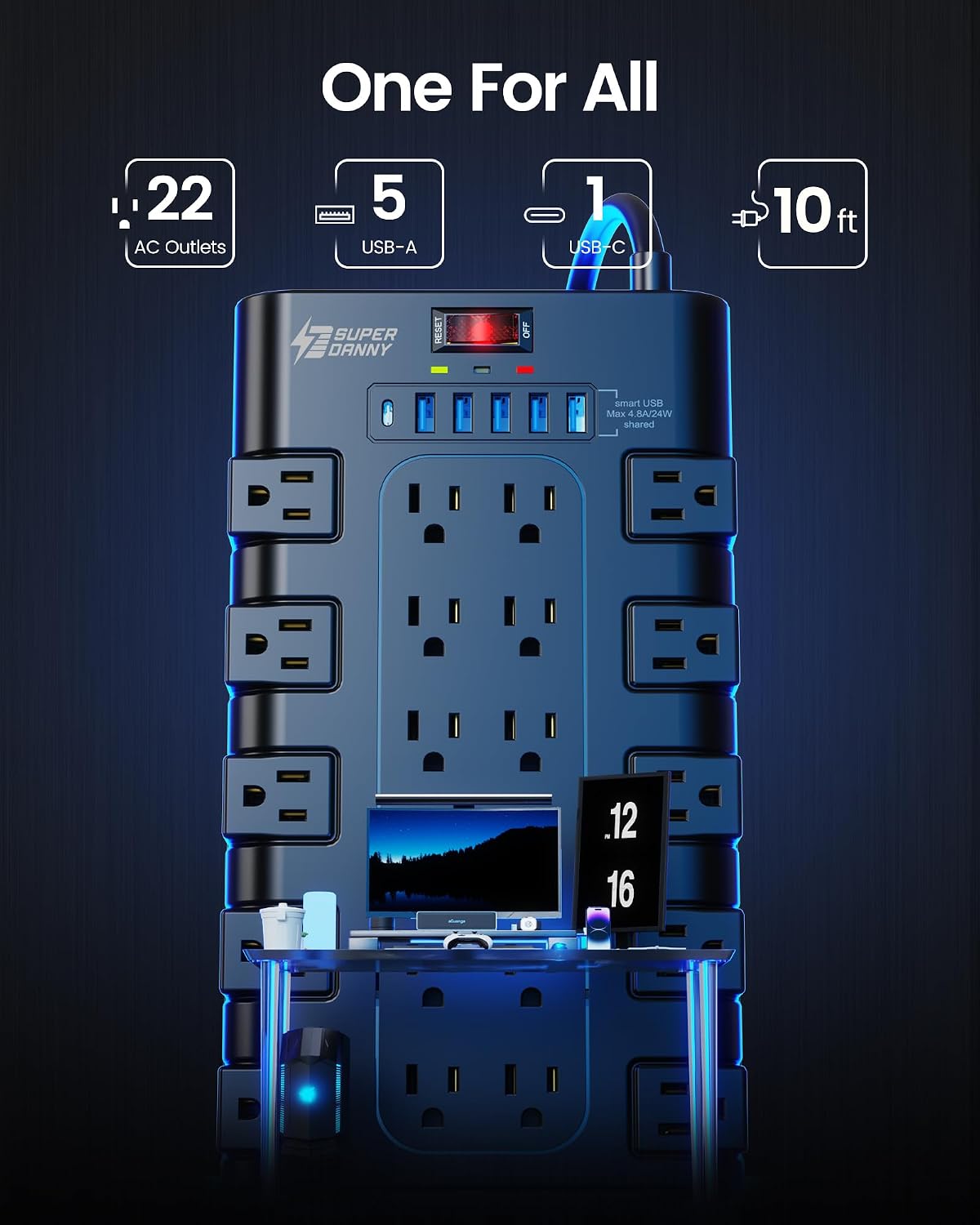 SUPERDANNY Power Strip Surge Protector, 22 AC 6 USB, 2100J, 6.5Ft,1875W/15A