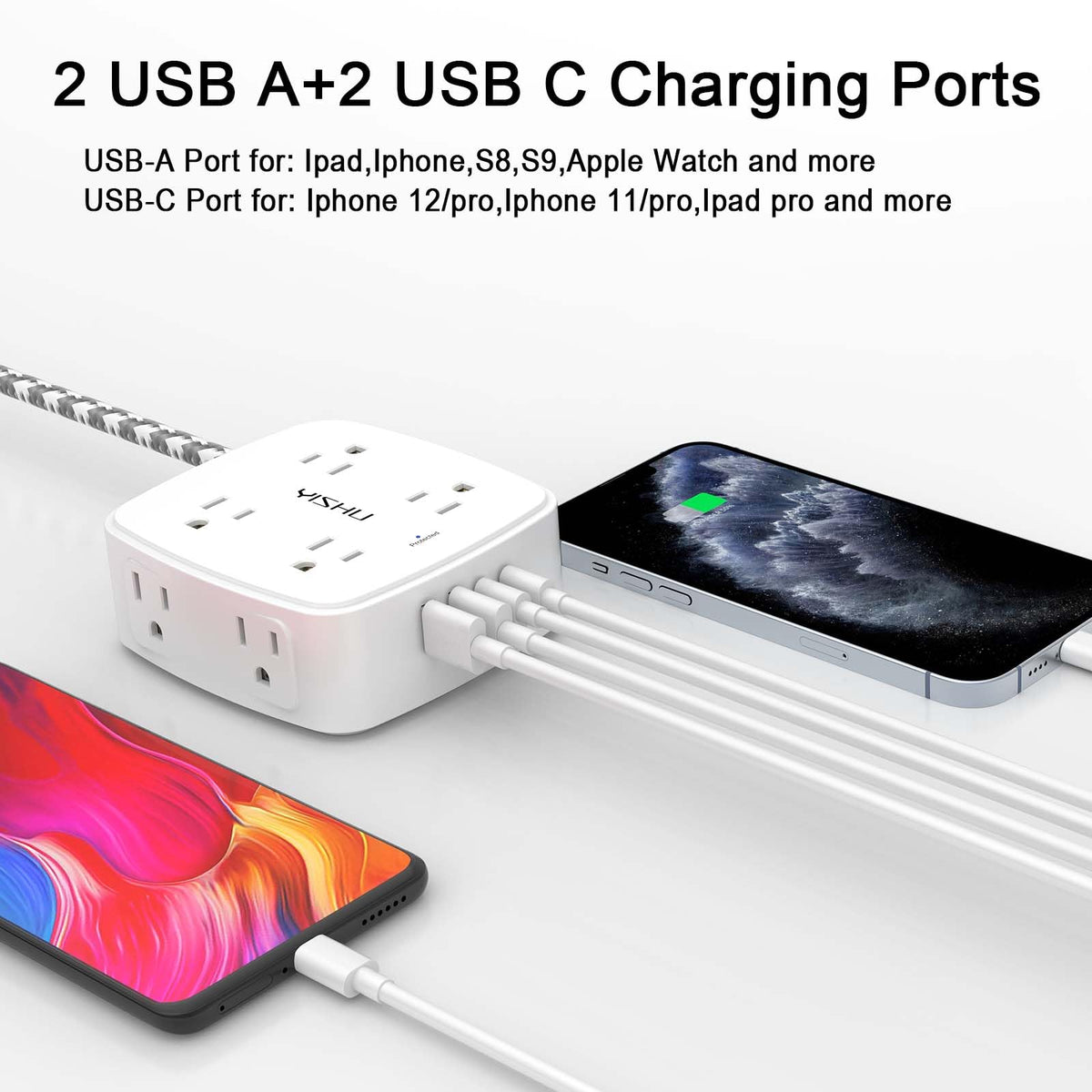 YISHU 6Ft Surge Protector Power Strip with 8 Widely Outlets & 4 USB Ports