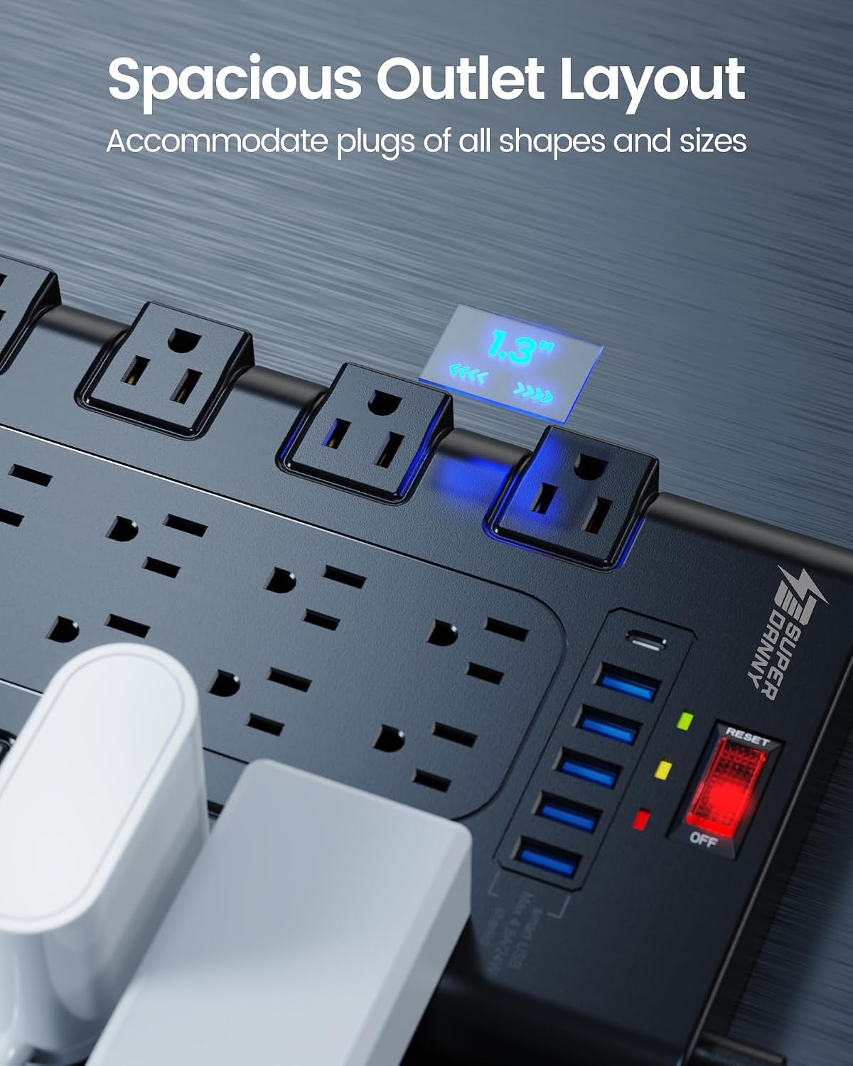 SUPERDANNY Power Strip Surge Protector, 22 AC 6 USB, 2100J, 6.5Ft,1875W/15A