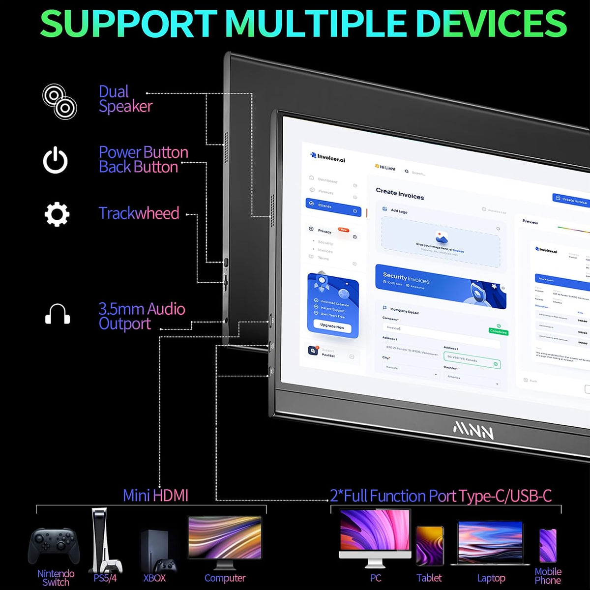 MNN 15.6" FHD 60Hz Portable Monitor USB-C HDMI IPS HDR Gaming Laptop