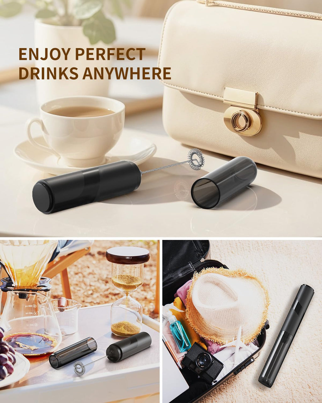 CIRCLE JOY Rechargeable Milk Frother Handheld, Dual Coil Whisk Head Electric Coffee Frother, Portable Hand Frother Wand Drink Mixer for Matcha Lattes Cappuccino, Kitchen Gifts, Black