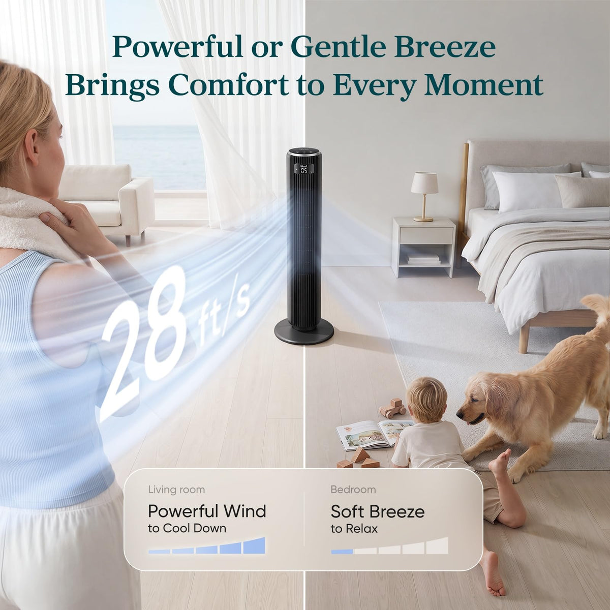 Levoit Tower Fan for Bedroom, Standing Fan with 36”-47” Adjustable Height