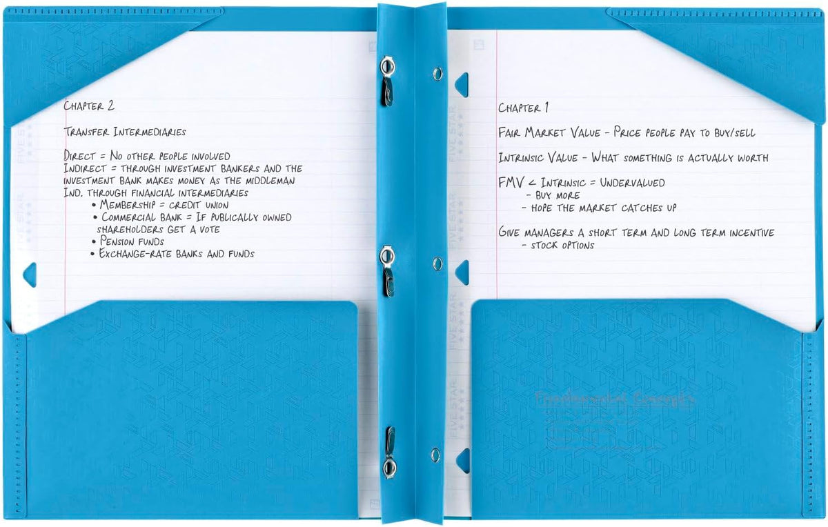 Five Star 2-Pocket Plastic Folder with Stay-Put Tabs and Prong Fasteners, Holds 8.5" x 11" Paper, Assorted Colors, 4 Pack (340300A)