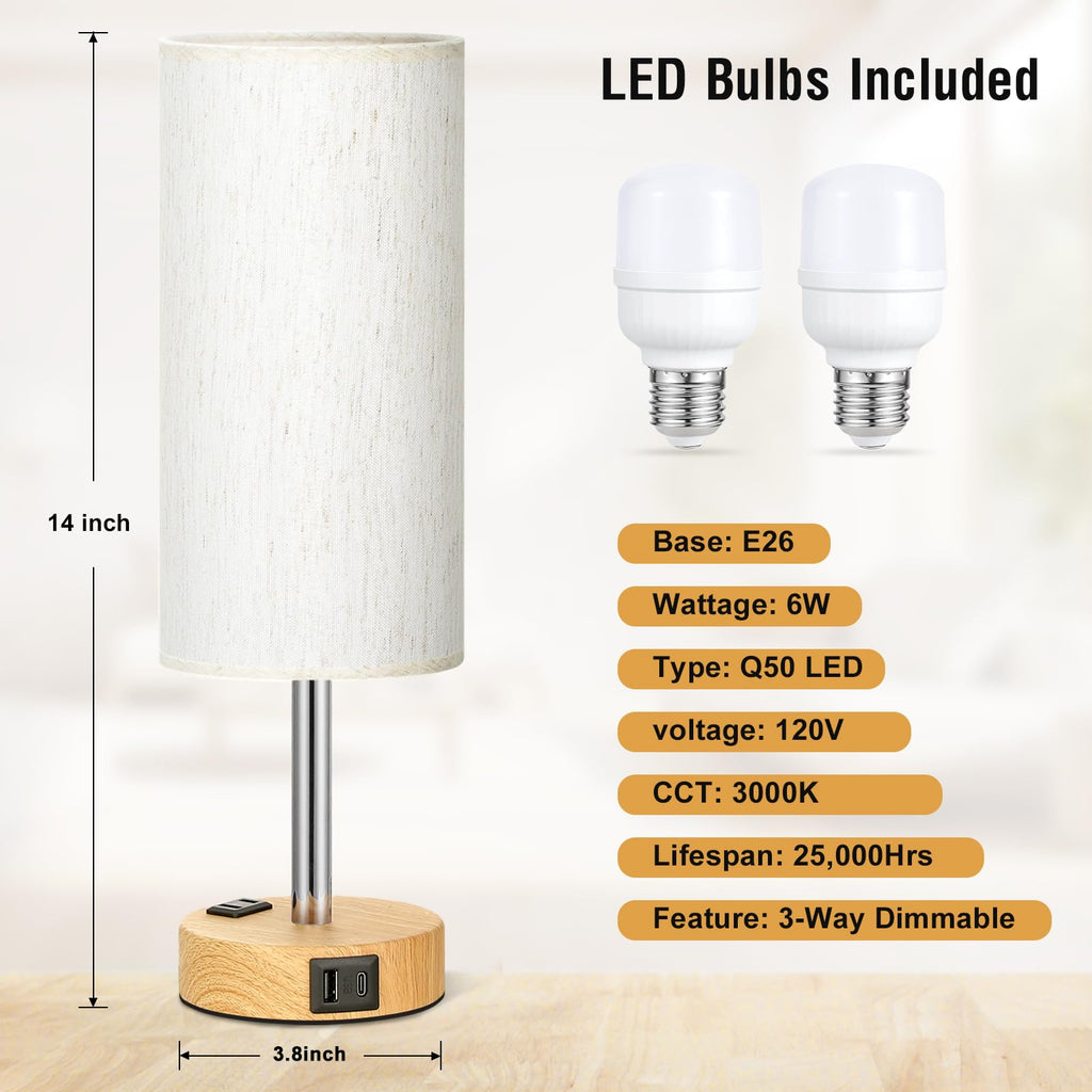 Bedside Table Lamp - Dimmable Touch, Wood-Grain Metal Base