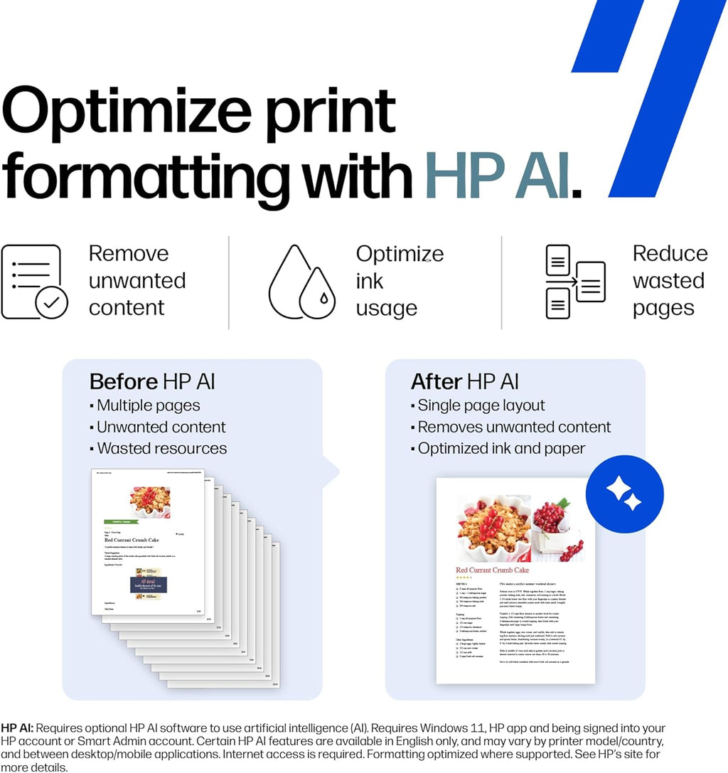 Advertisement for HP AI print optimization technology with before and after examples.