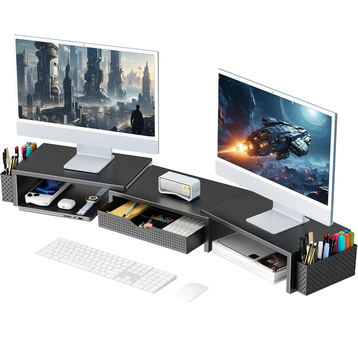 Computer setup with dual monitors on a large desk organizer.