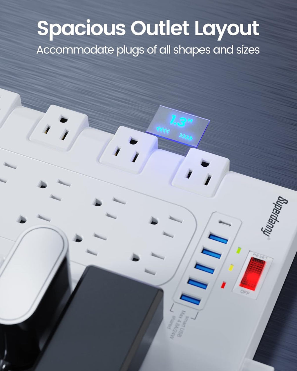 SUPERDANNY Power Strip Surge Protector, 22 AC 6 USB, 2100J, 6.5Ft,1875W/15A
