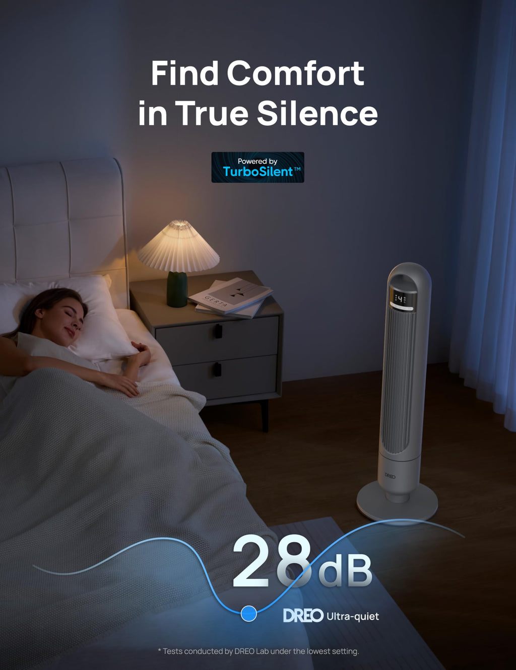 DREO Tower Fan for Bedroom, 25ft/s Velocity, 28dB Ultra Quiet, 4 Speeds