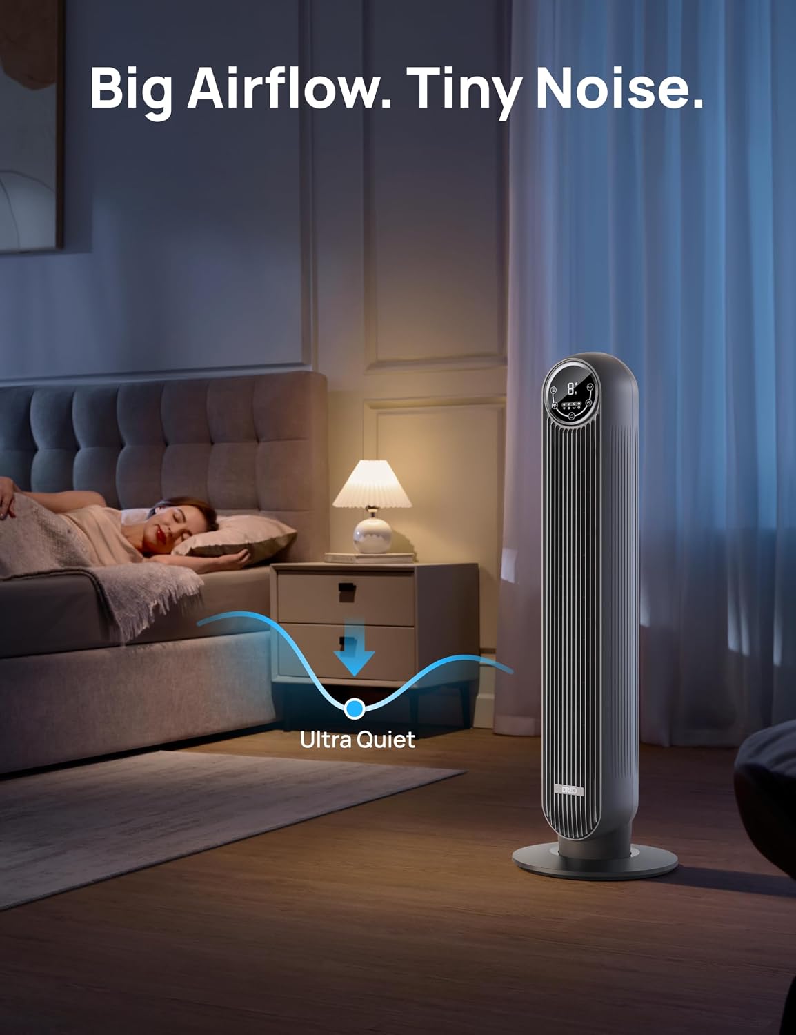 DREO Tower Fan for Bedroom, 25ft/s Velocity, 28dB Ultra Quiet, 4 Speeds
