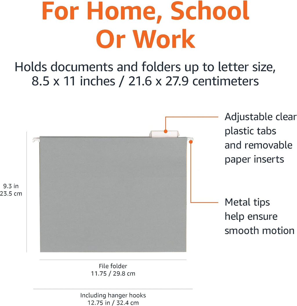 Amazon Basics Hanging File Folders with Adjustable Tabs, Sturdy Expandable Document Organizer, Letter Size 8.5x11 inch, Green, 25-Pack