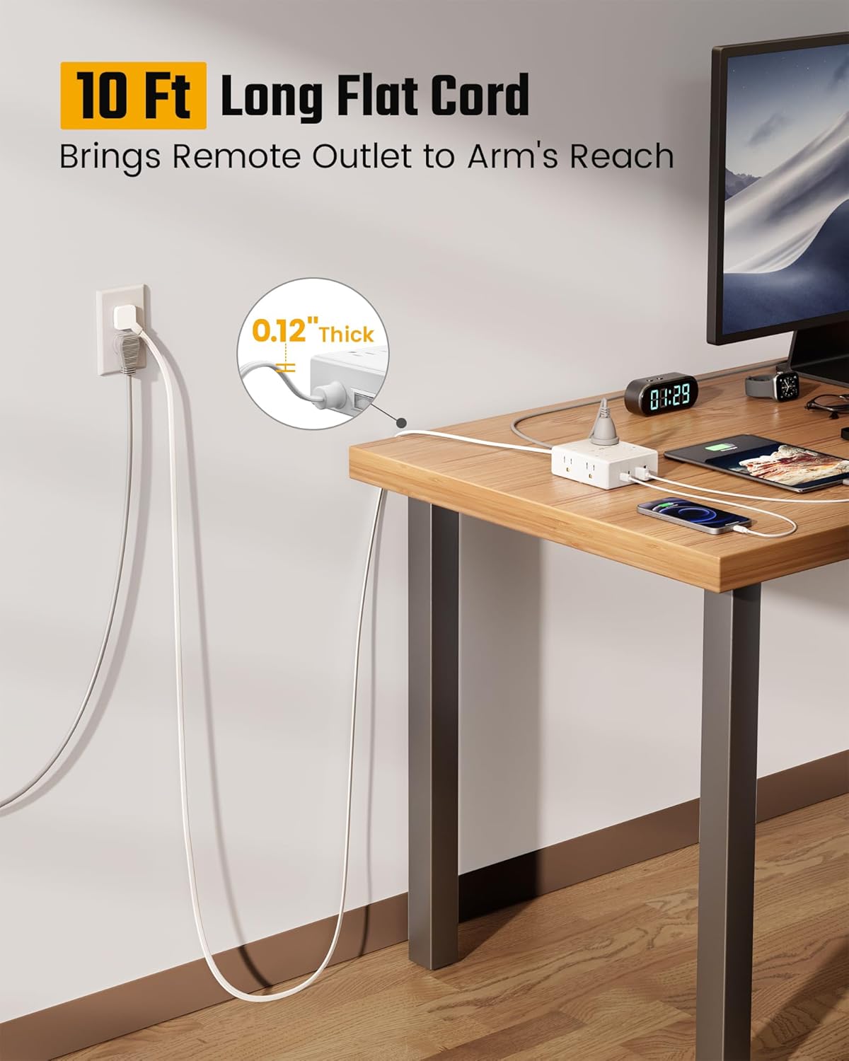 Extension Cord,Flat Plug Surge Protector Power Strip,10Ft | 8 AC & 4 USB Ports