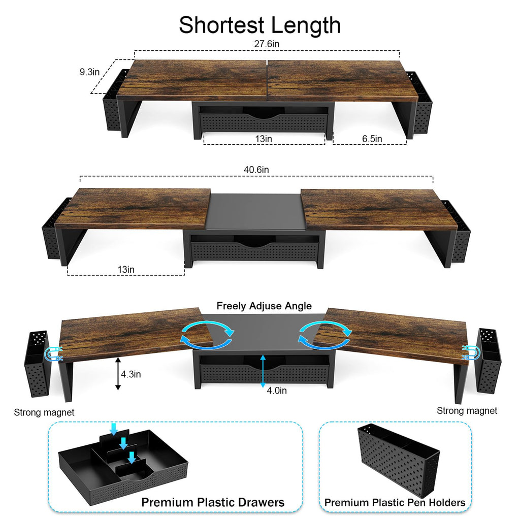 Dual Monitor Stand Riser with Storage Drawer & Pen Holders