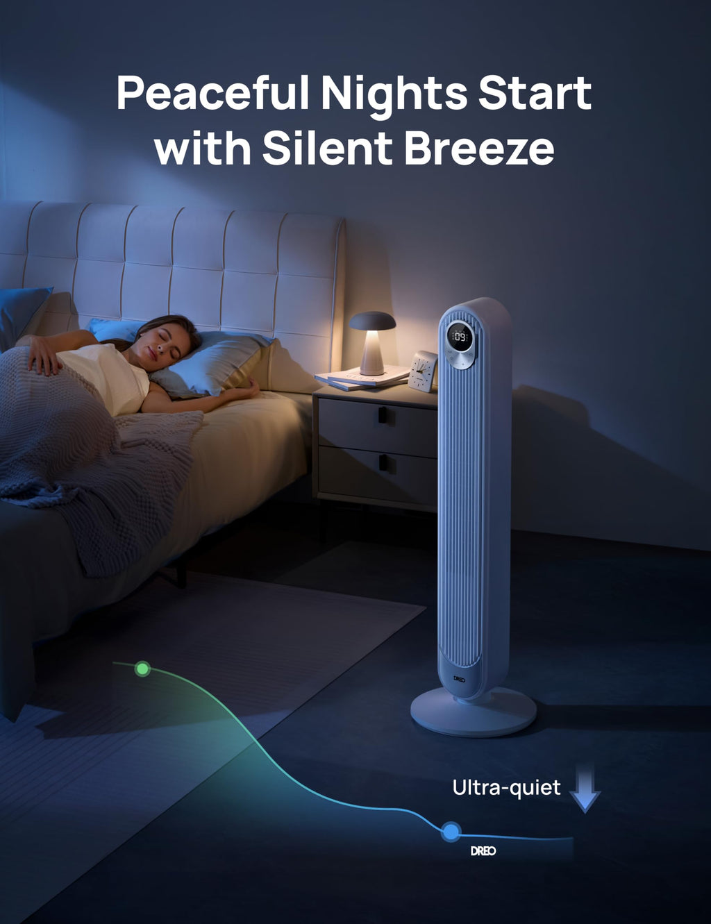 DREO Tower Fan for Bedroom, 25ft/s Velocity, 28dB Ultra Quiet, 4 Speeds