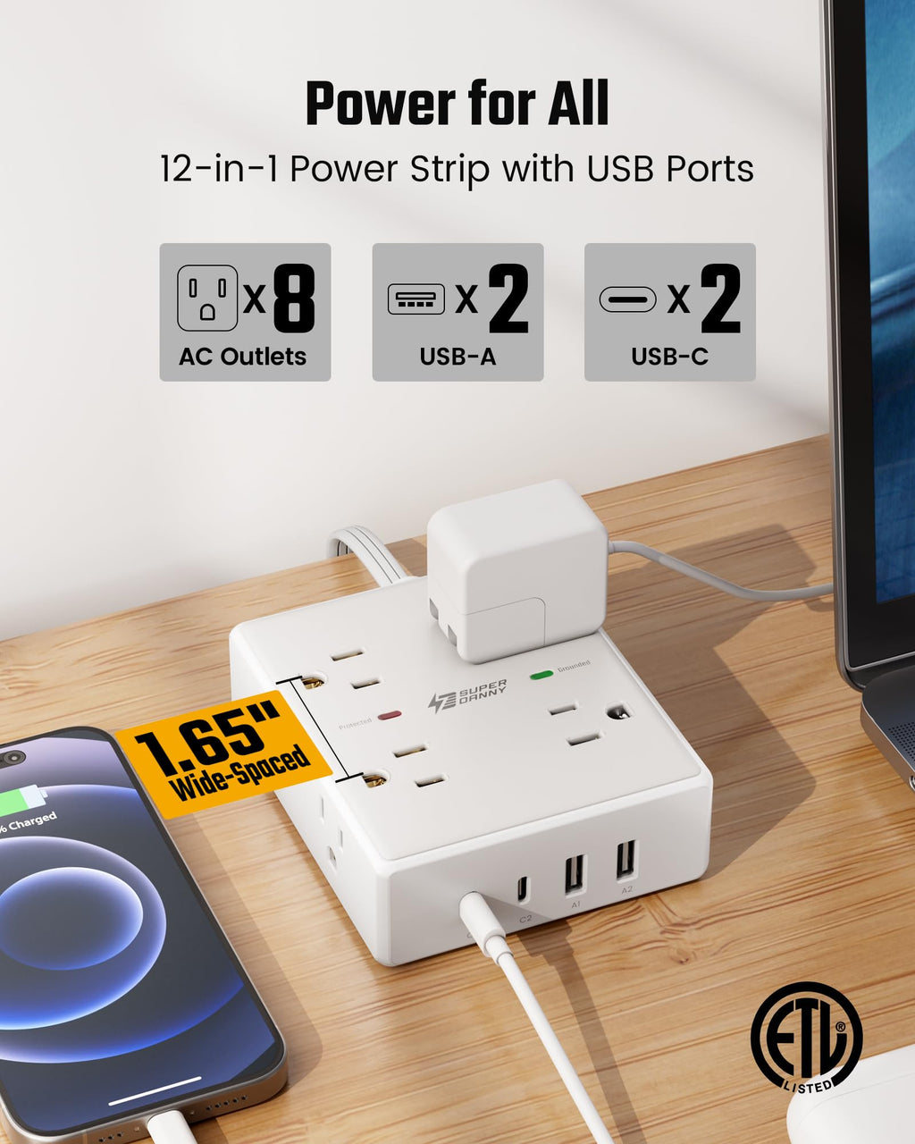 Extension Cord,Flat Plug Surge Protector Power Strip,10Ft | 8 AC & 4 USB Ports