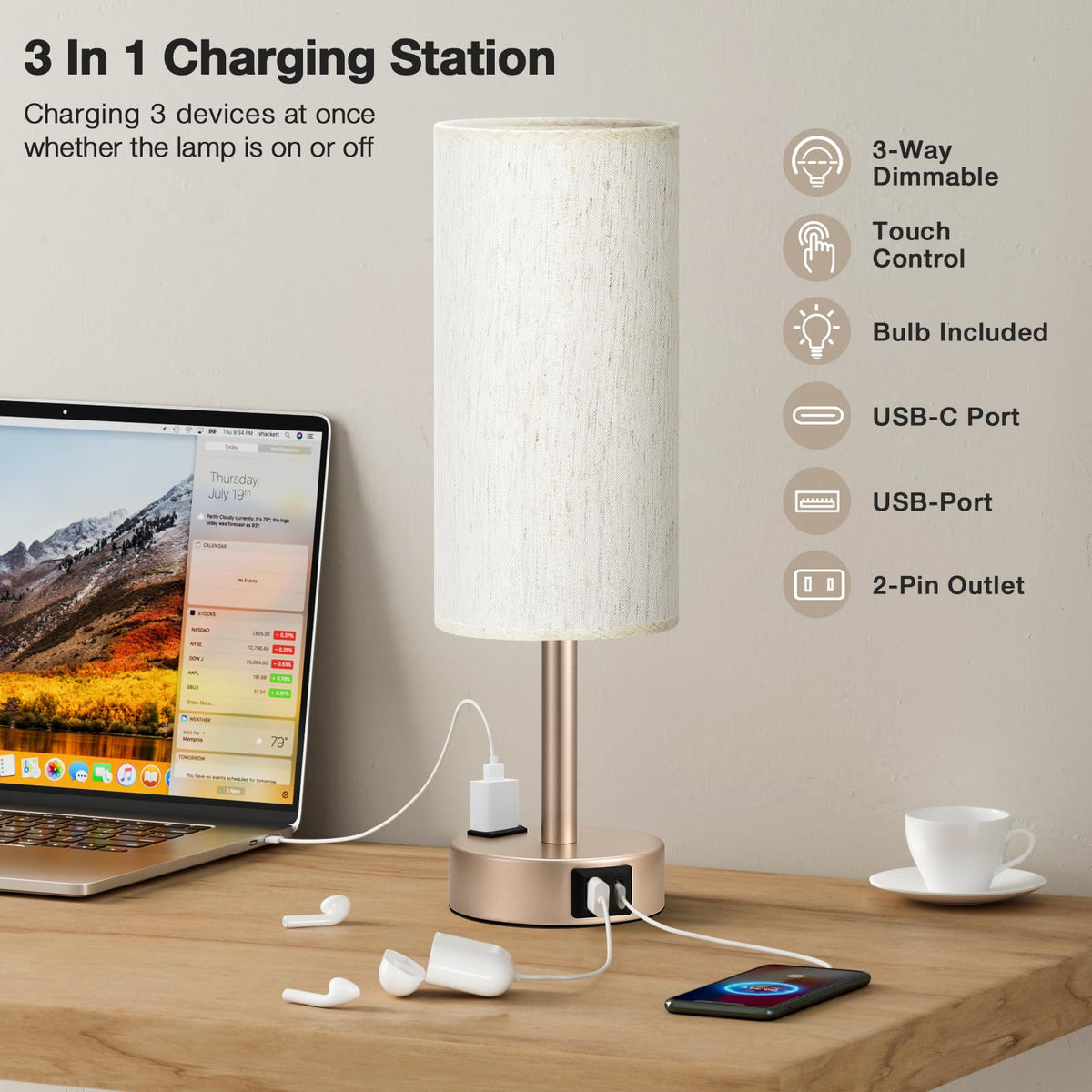 Bedside Table Lamp - Dimmable Touch, Wood-Grain Metal Base
