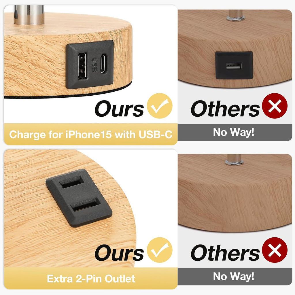 Bedside Table Lamp - Dimmable Touch, Wood-Grain Metal Base