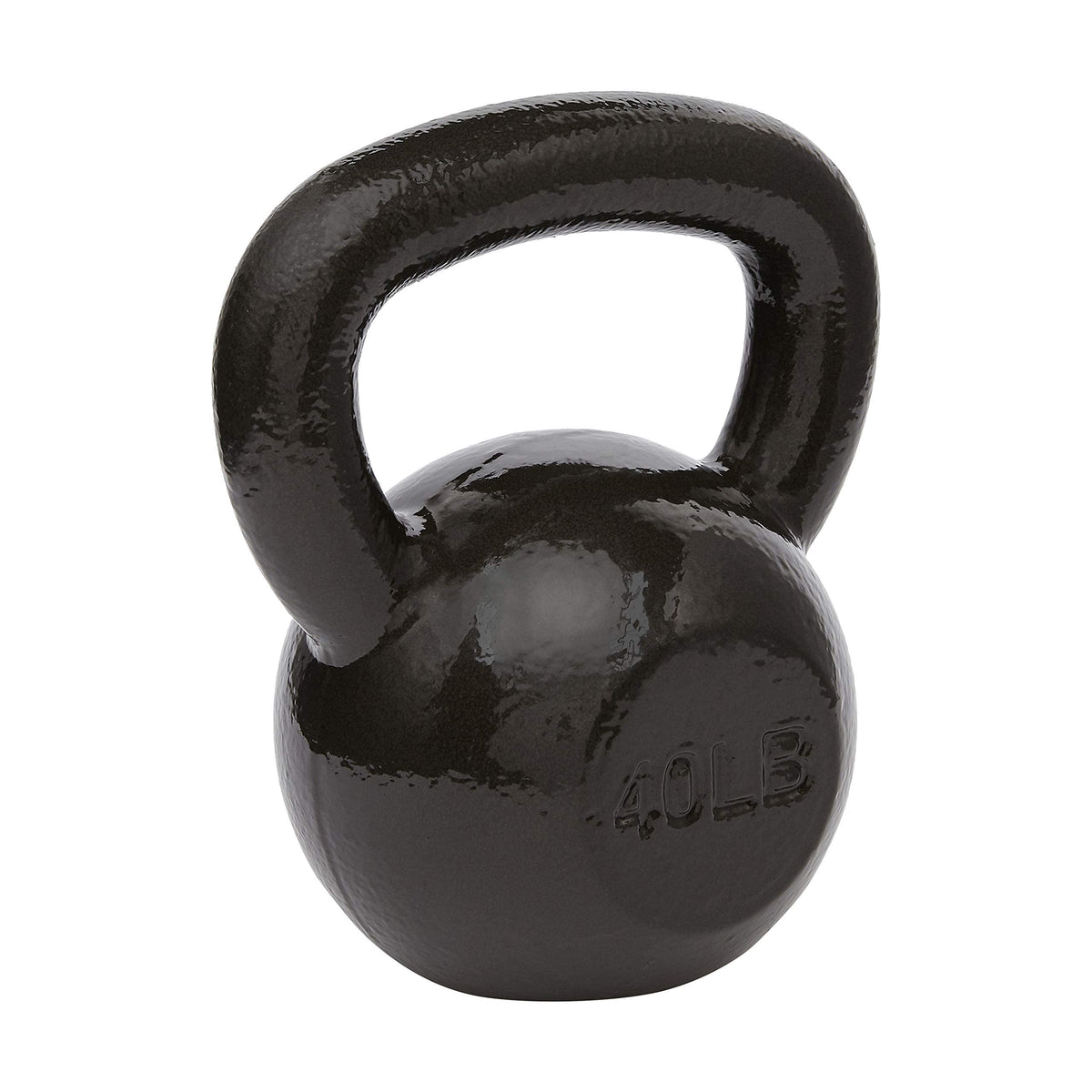 Black kettlebell with '40 lbs' marking on a white background