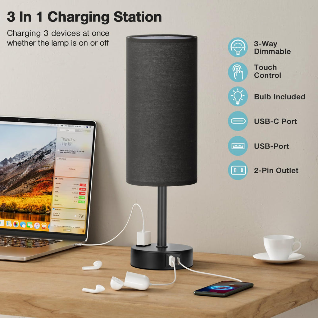 Bedside Table Lamp - Dimmable Touch, Wood-Grain Metal Base