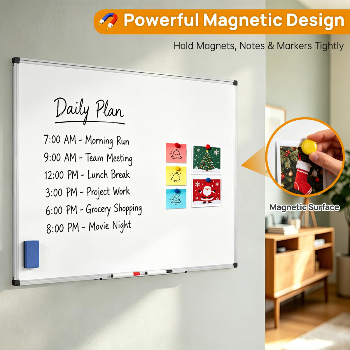 Magnetic Dry Erase Whiteboard, 46 x 33 Inch / 1 Magnetic Eraser, 2 Pens, Marker Tray, 6 Magnets
