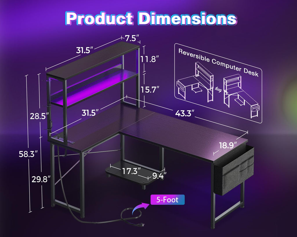 L Shaped Desk Gaming Desk with LED Light & Power Outlet | 53 Inch Home Office
