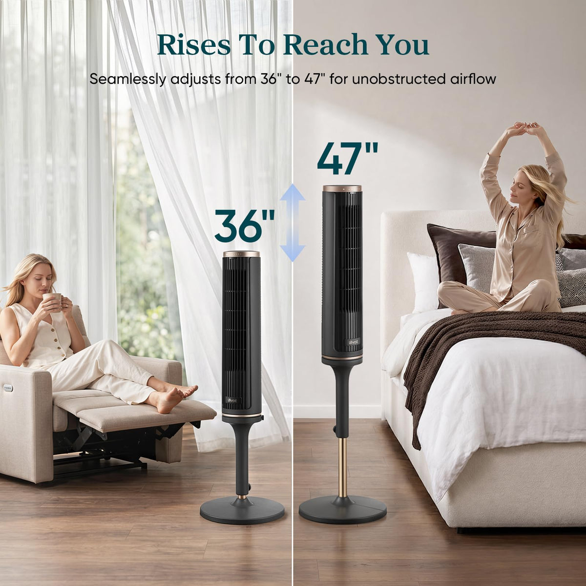 Levoit Tower Fan for Bedroom, Standing Fan with 36”-47” Adjustable Height