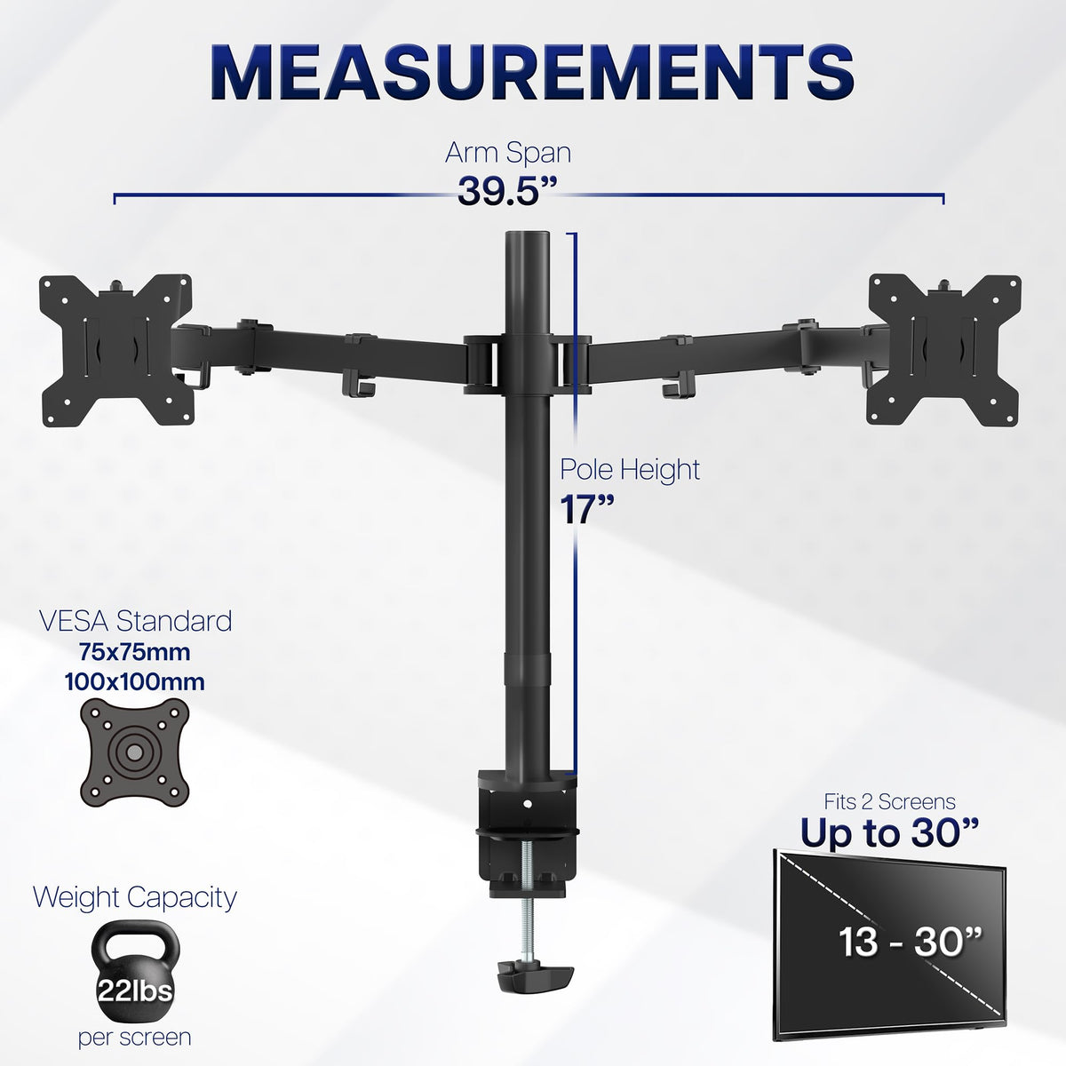 Dual Monitor Desk Mount, Holds 2 Computer Screens up to 30 inches