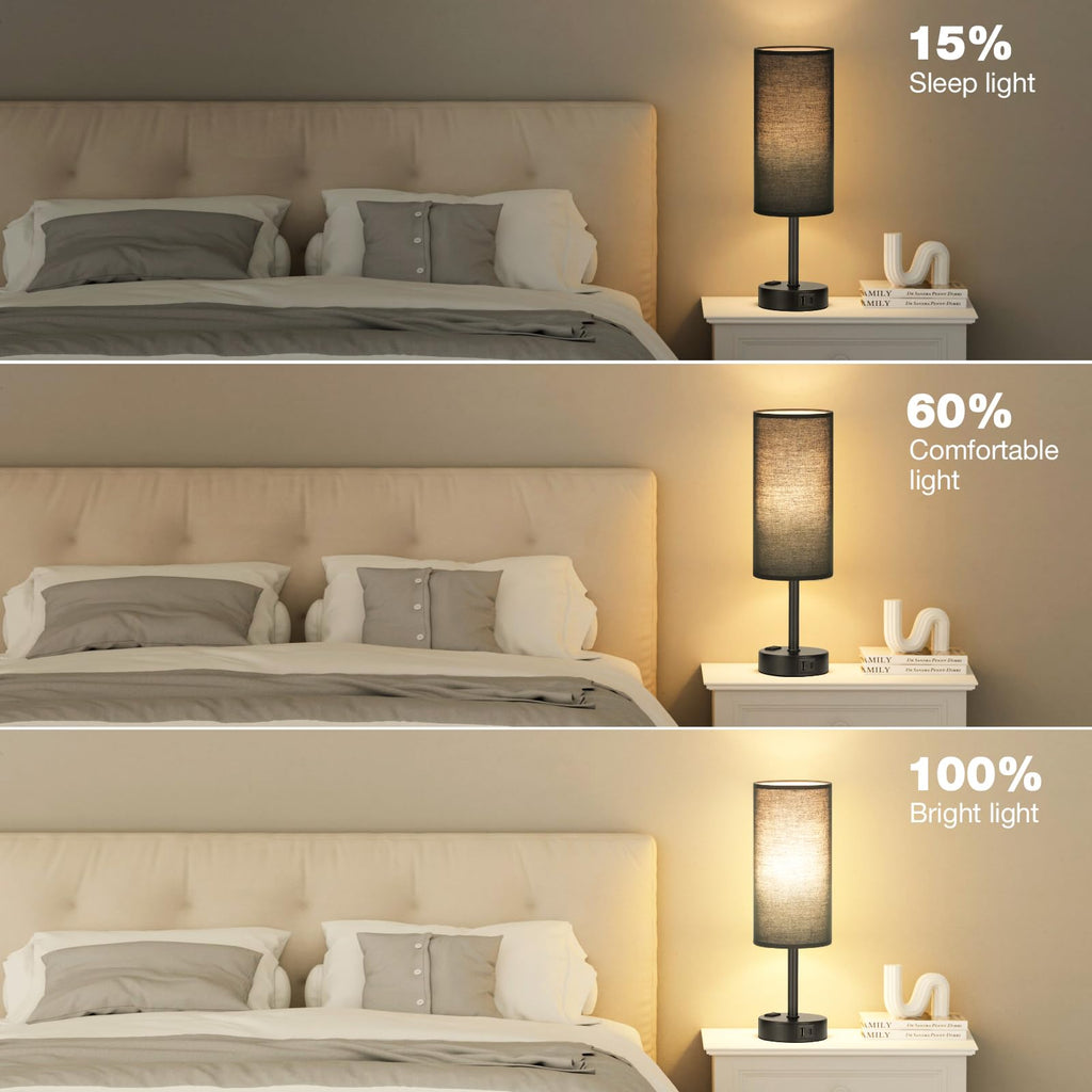 Bedside Table Lamp - Dimmable Touch, Wood-Grain Metal Base