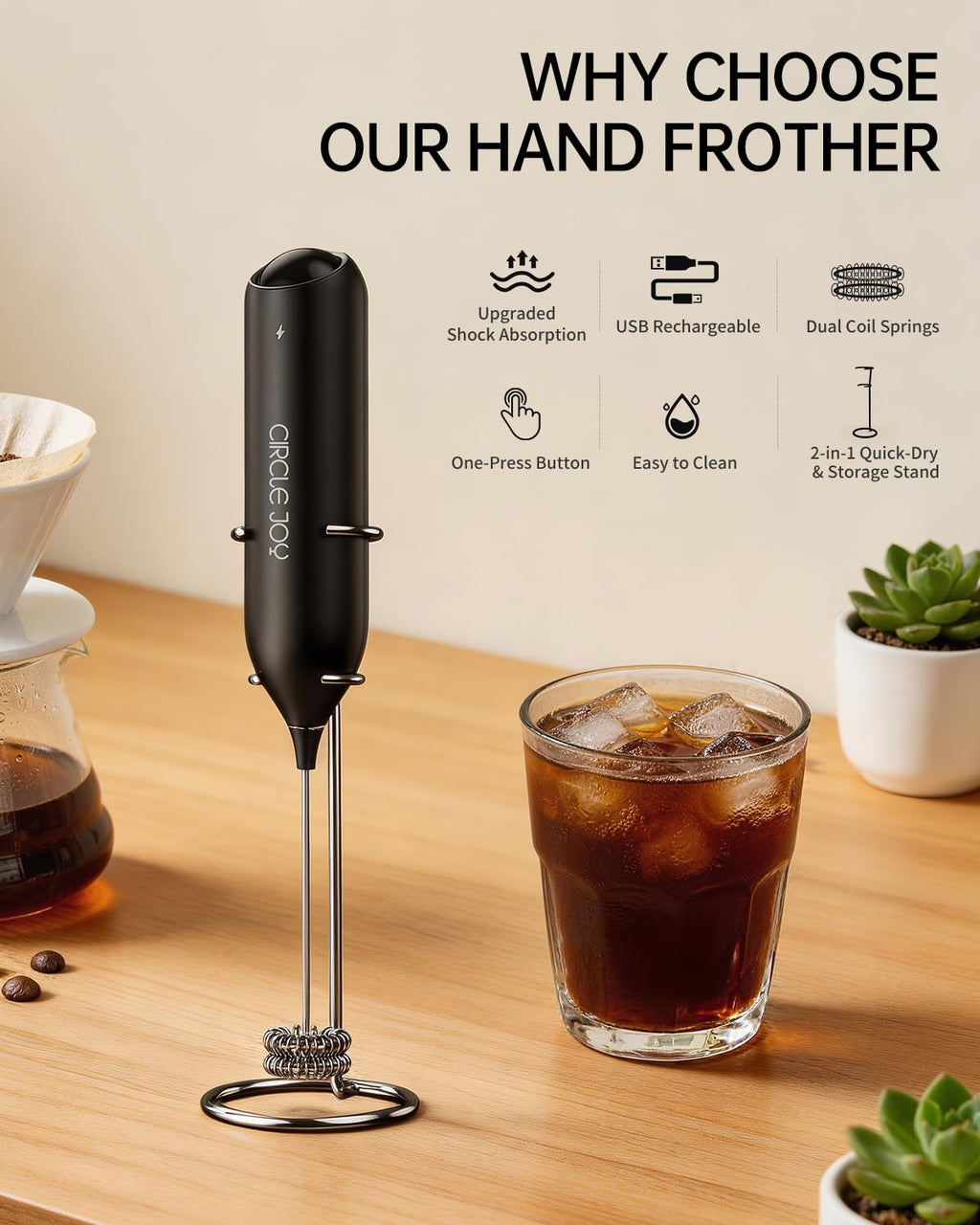 CIRCLE JOY Rechargeable Milk Frother Handheld, Dual Coil Whisk Head Electric Coffee Frother, Portable Hand Frother Wand Drink Mixer for Matcha Lattes Cappuccino, Kitchen Gifts, Black