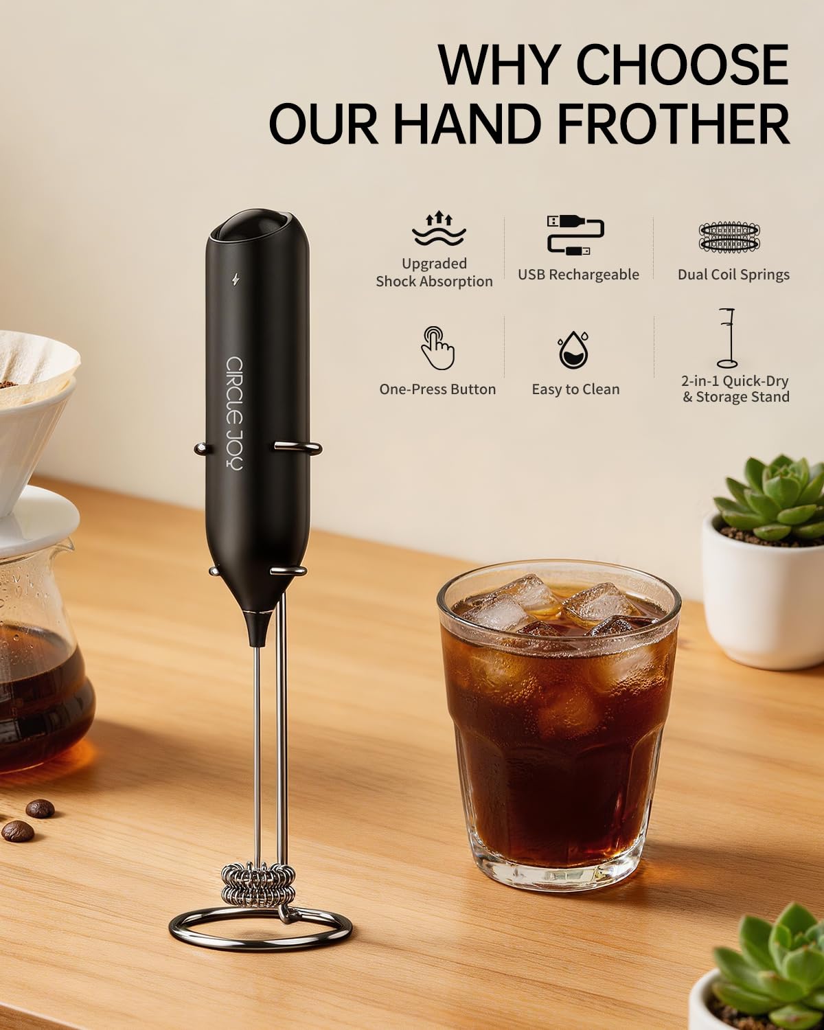 CIRCLE JOY Rechargeable Milk Frother Handheld, Dual Coil Whisk Head Electric Coffee Frother, Portable Hand Frother Wand Drink Mixer for Matcha Lattes Cappuccino, Kitchen Gifts, Black