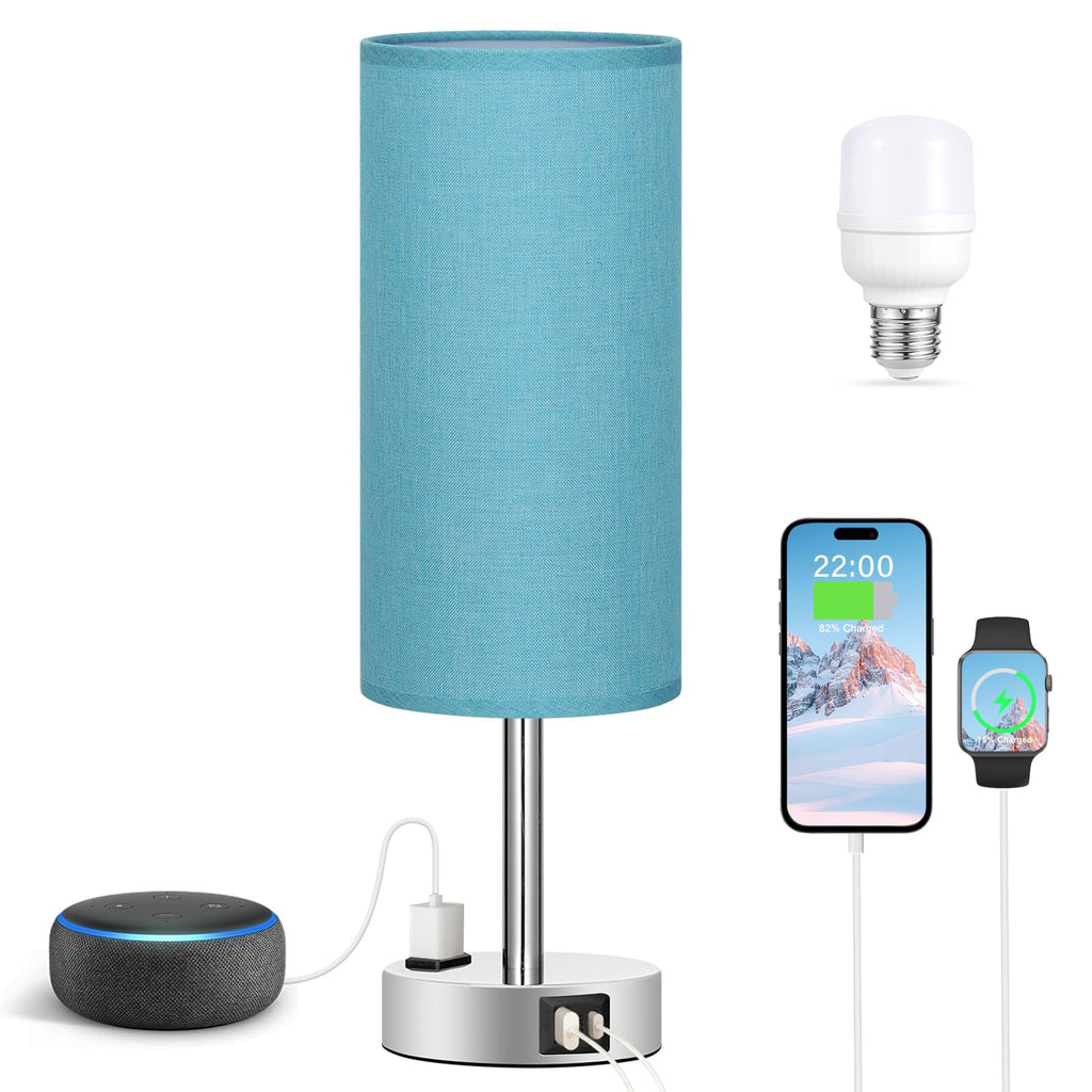Bedside Table Lamp - Dimmable Touch, Wood-Grain Metal Base