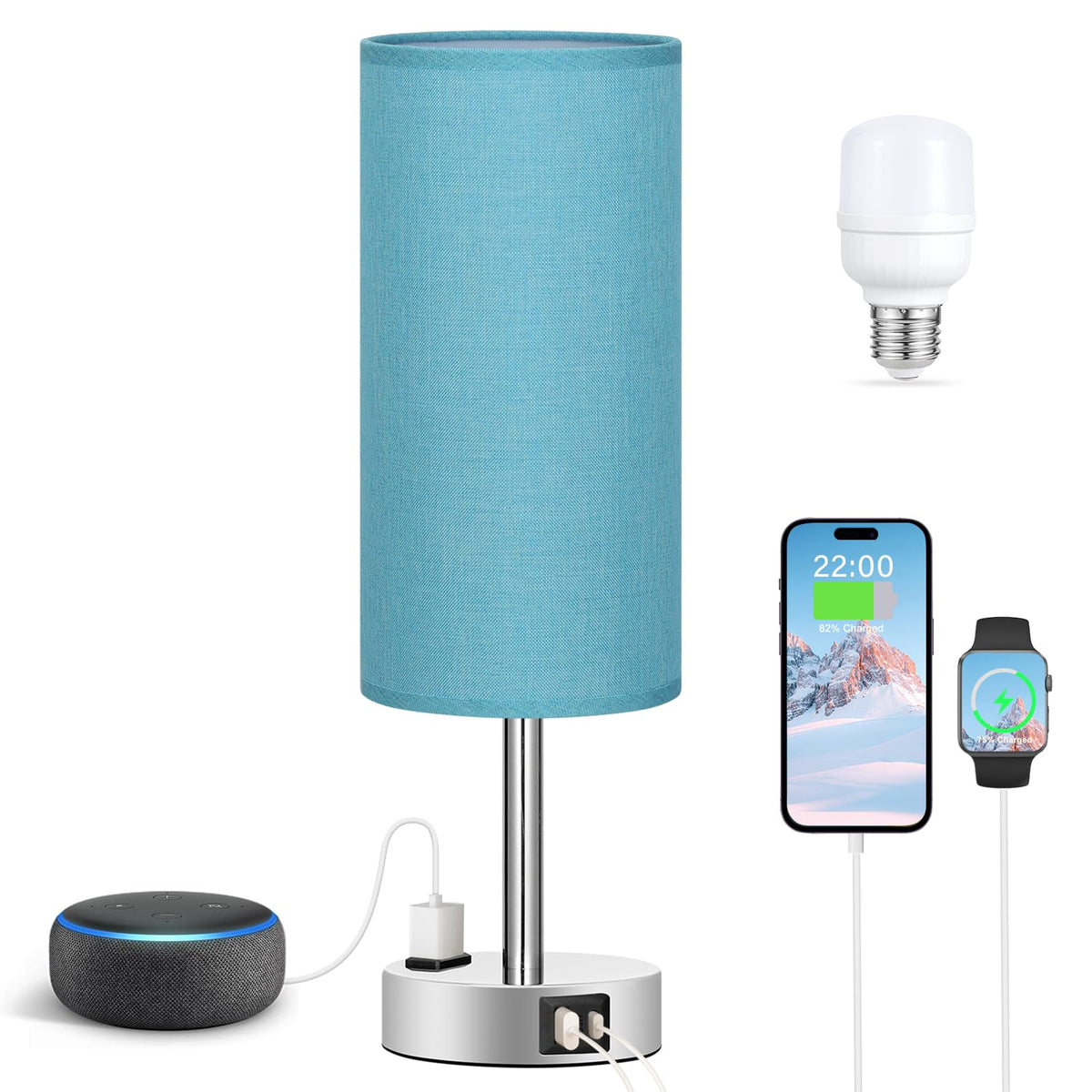 Bedside Table Lamp - Dimmable Touch, Wood-Grain Metal Base