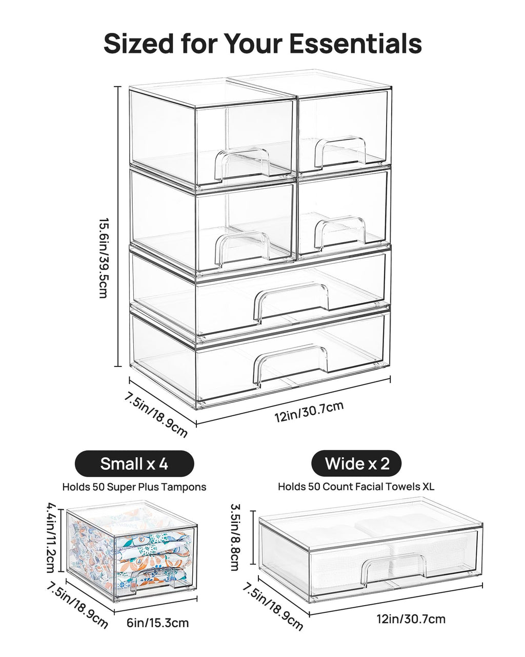Clear Stackable Storage Drawers Set of 5, Plastic Organizer Bins |