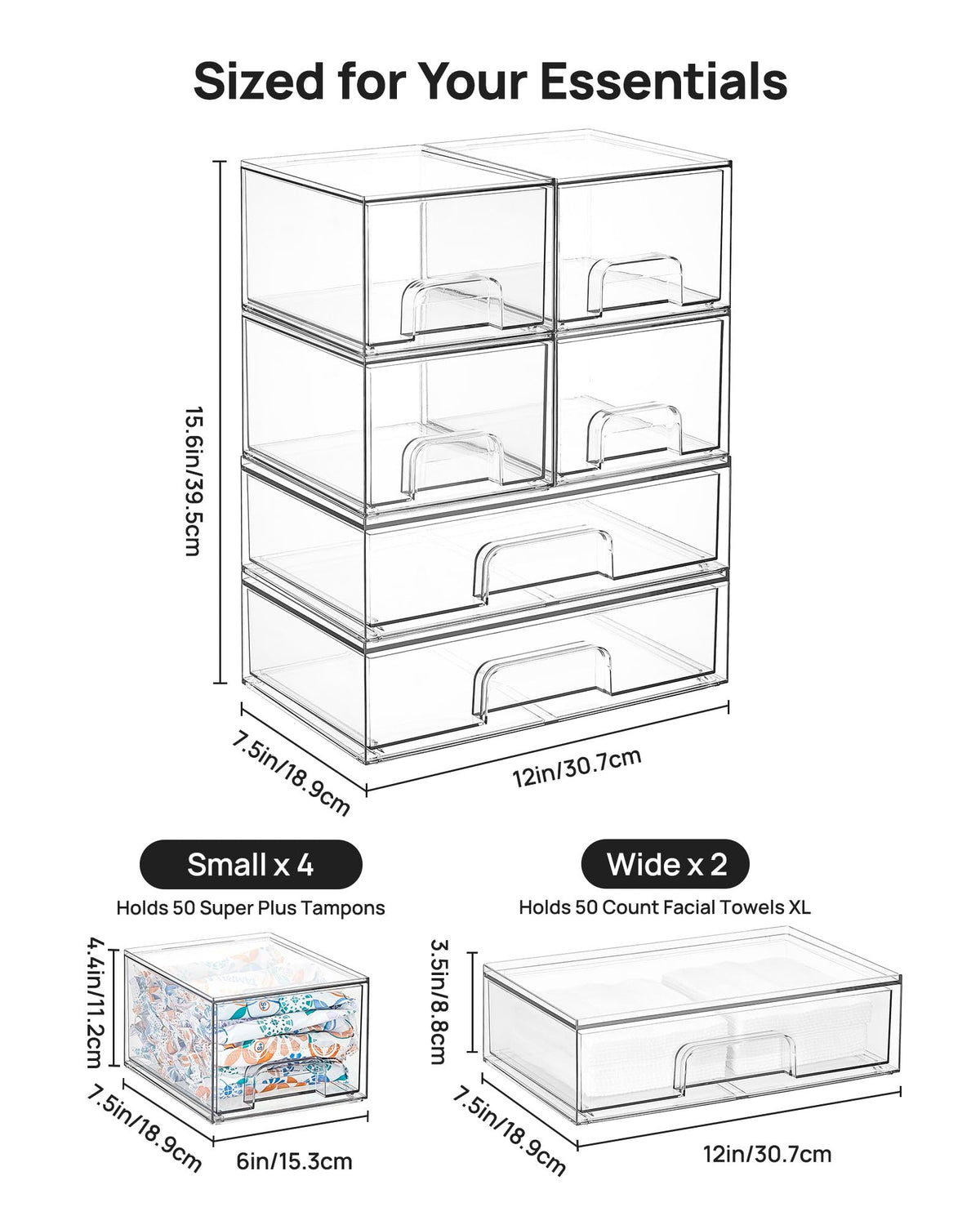 Clear Stackable Storage Drawers Set of 5, Plastic Organizer Bins |