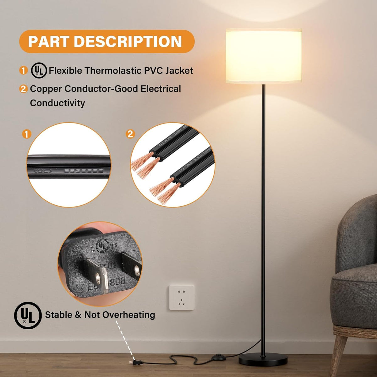Modern Floor Lamp Simple Design with White Shade & Foot Pedal Switch