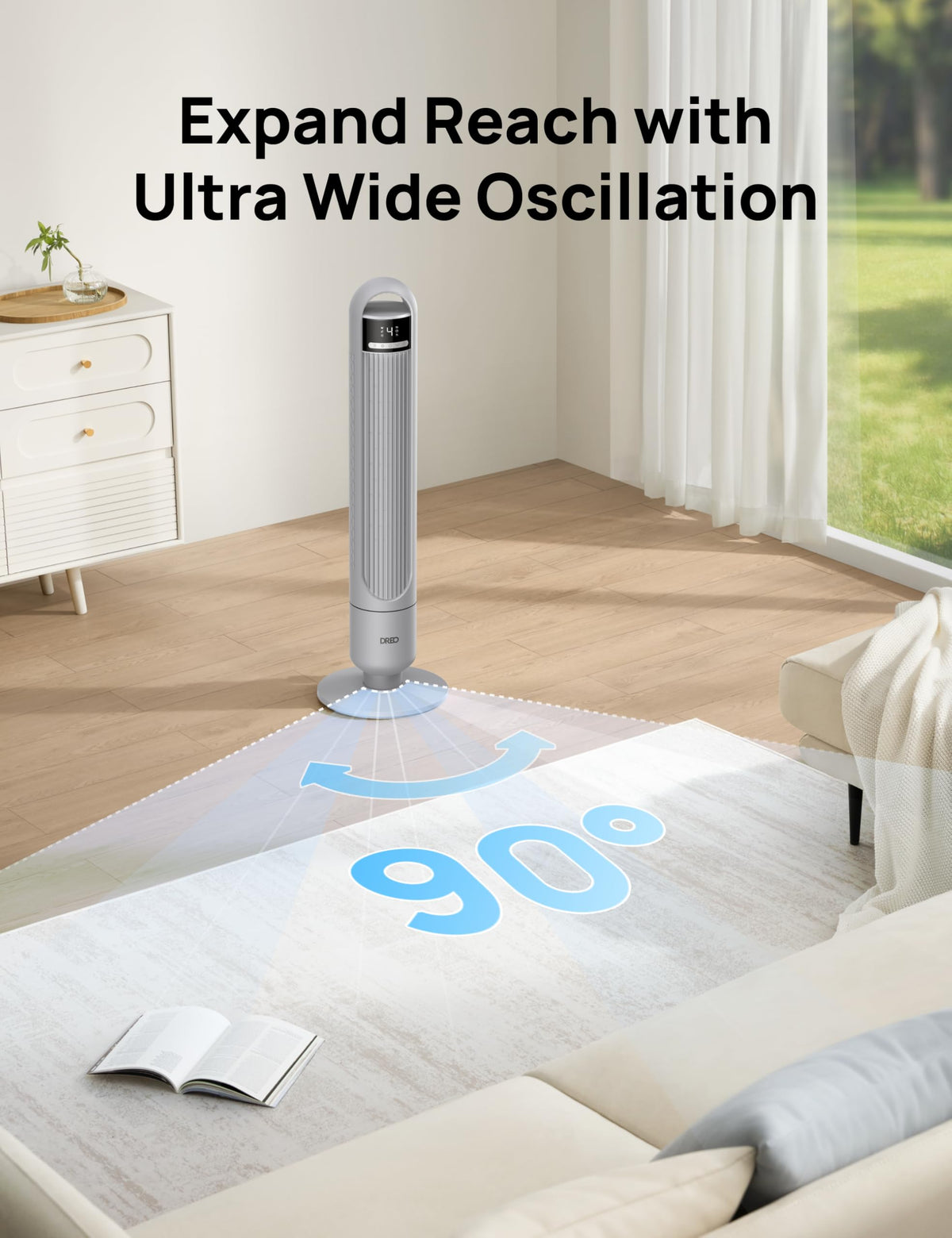 DREO Tower Fan for Bedroom, 25ft/s Velocity, 28dB Ultra Quiet, 4 Speeds