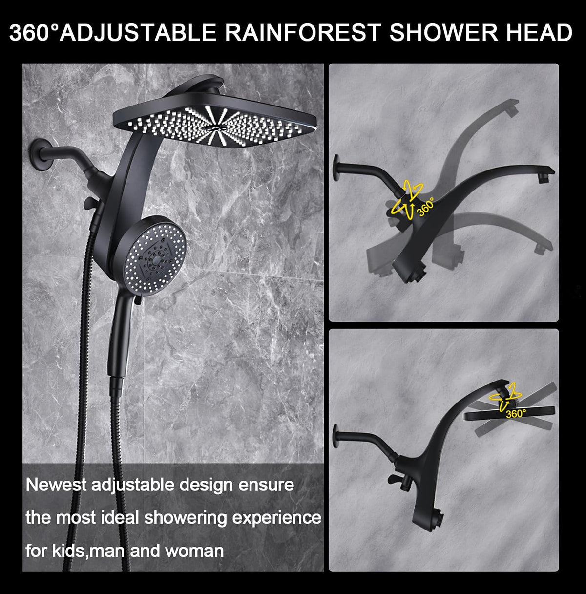 Shower Head with Rainfall Patter | Handheld Showerhead | Black | 1.8GPM