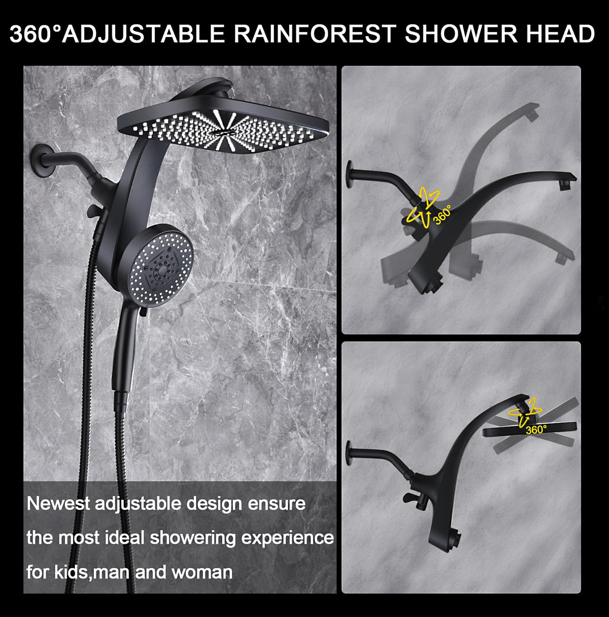 Shower Head with Rainfall Patter | Handheld Showerhead | Black | 1.8GPM