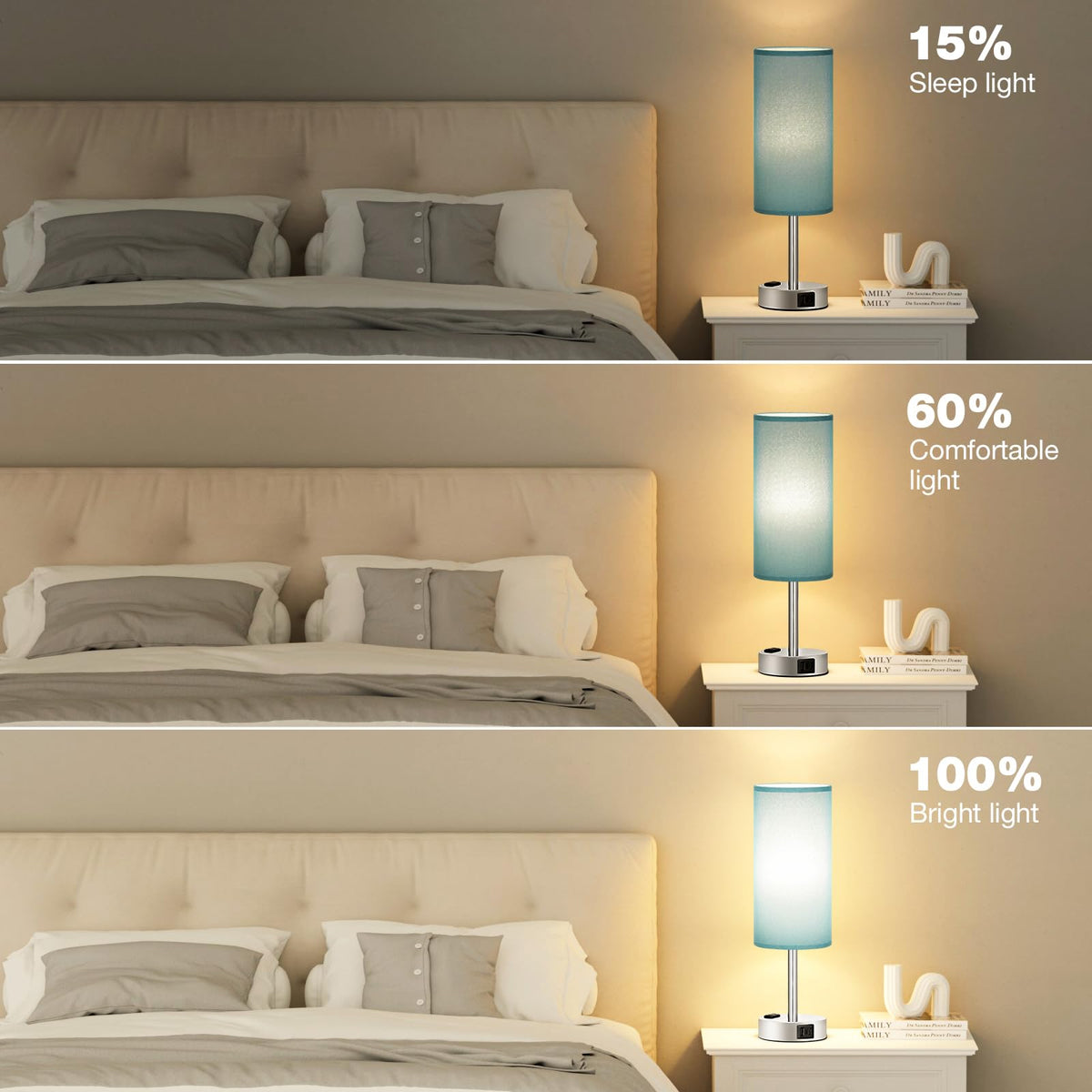 Bedside Table Lamp - Dimmable Touch, Wood-Grain Metal Base