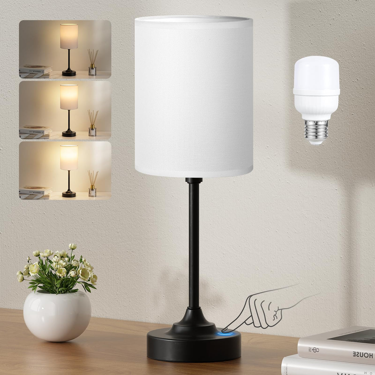 Bedside Table Lamp - Dimmable Touch, Wood-Grain Metal Base