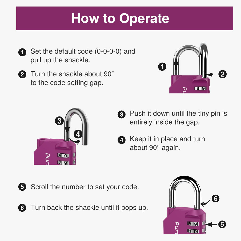 A labeled 'How to Operate' diagram showing a purple combination padlock with numbered callouts and step-by-step instructions for setting the default code and locking/shutting the padlock.