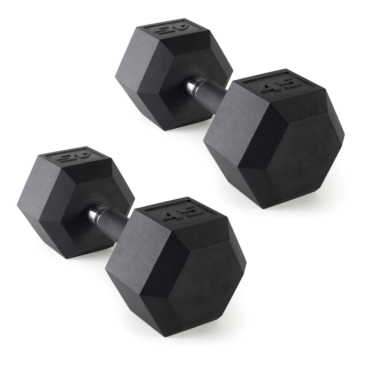Set of four black hexagonal dumbbells on a white background