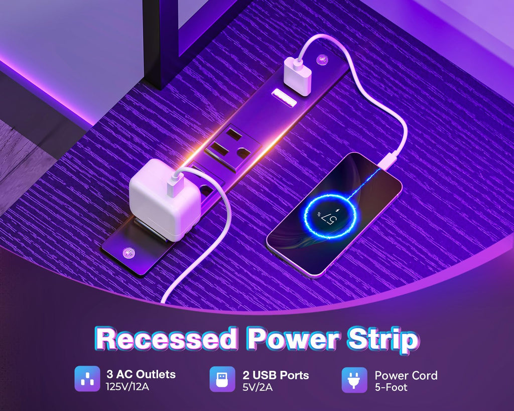L Shaped Desk Gaming Desk with LED Light & Power Outlet | 53 Inch Home Office