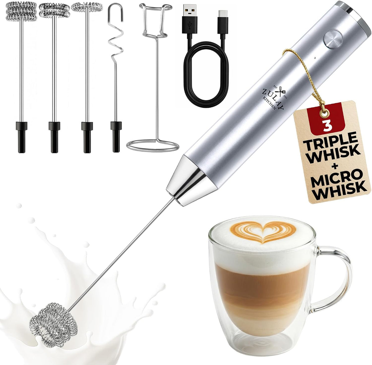Zulay Kitchen Rechargeable Milk Frother Handheld - Frother Wand, Drink Mixer, Electric Whisk Frother, for Cappuccinos, Matcha & Protein Powder - Dynamic 3 Whisk, 3 Speed 500mAh Black