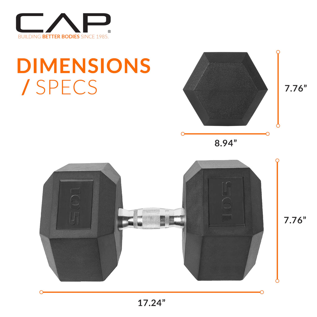 CAP Rubber Coated Dumbbell Weights for Strength Training, Anti-Roll Hex