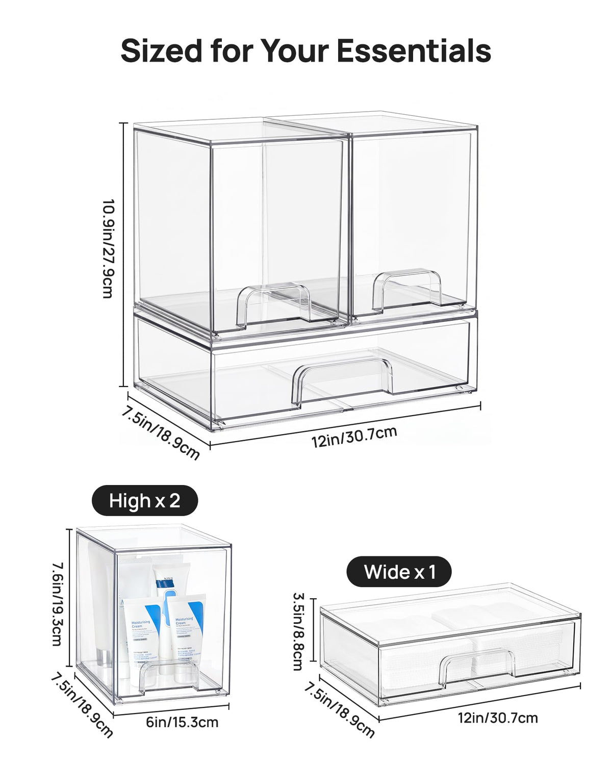 Clear Stackable Storage Drawers Set of 5, Plastic Organizer Bins |
