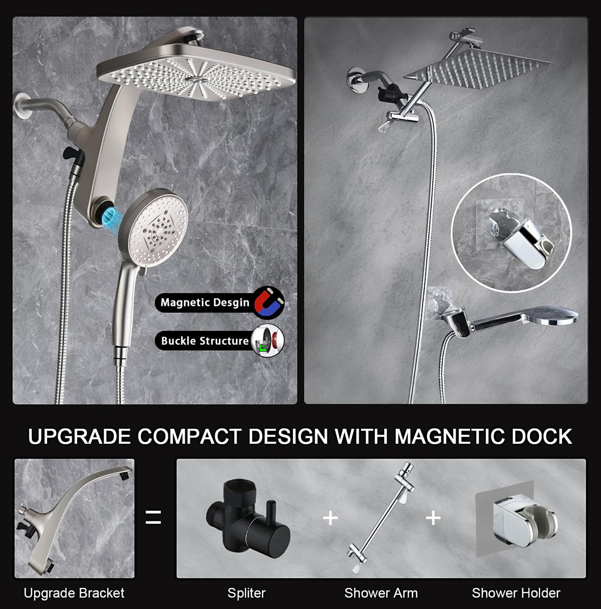 Shower Head with Rainfall Patter | Handheld Showerhead | Black | 1.8GPM