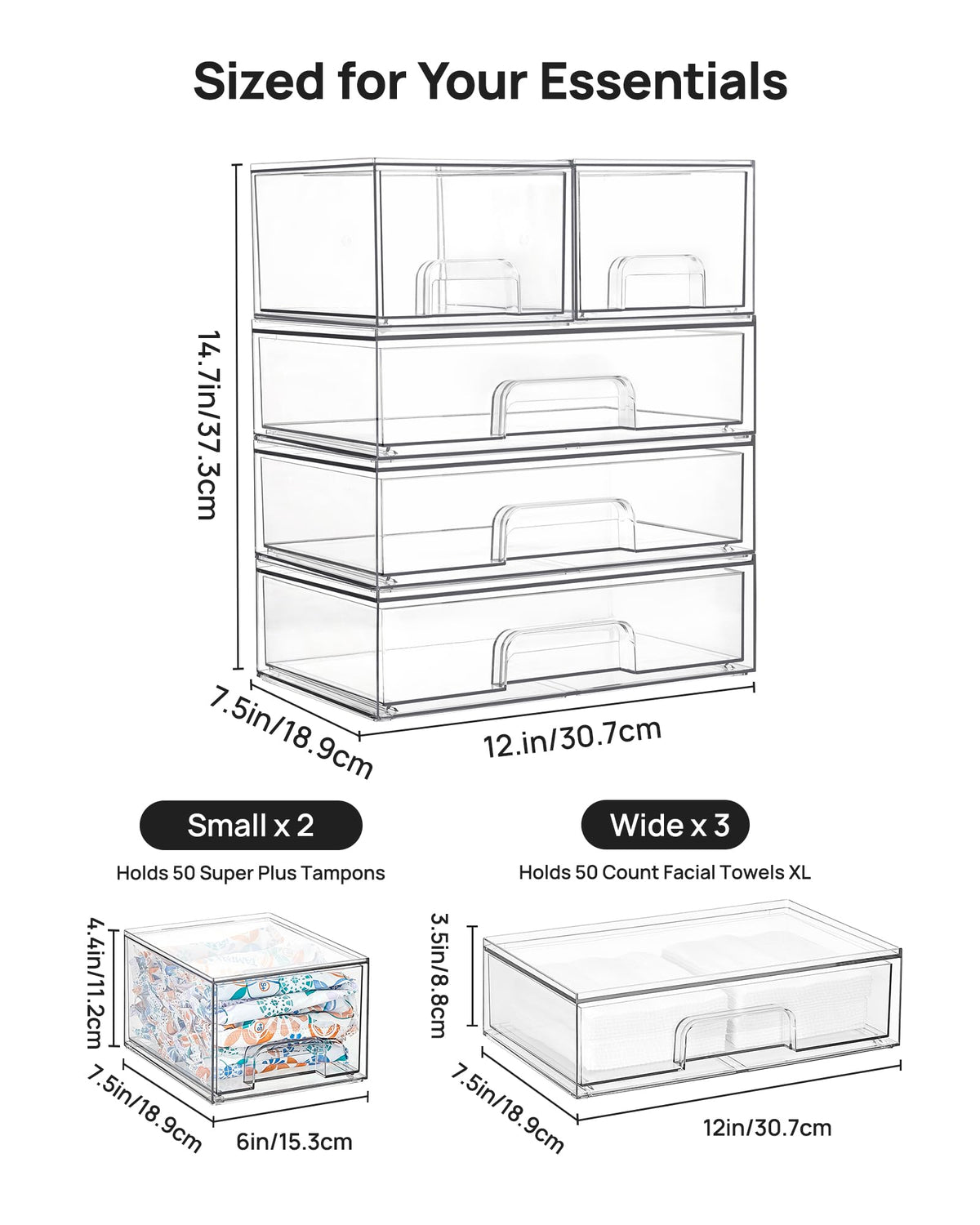 Clear Stackable Storage Drawers Set of 5, Plastic Organizer Bins |